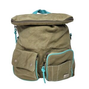 Vtg Roxy Canvas Backpack‎ Olive Green Turquoise Trim Floral Y2K Surfer Girl